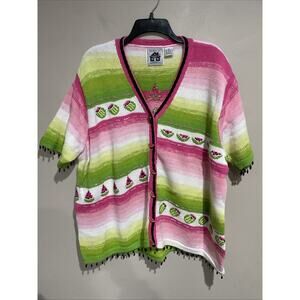 Storybook Knits Watermelon Short Sleeve Button Front beaded Cardigan Sz 3X